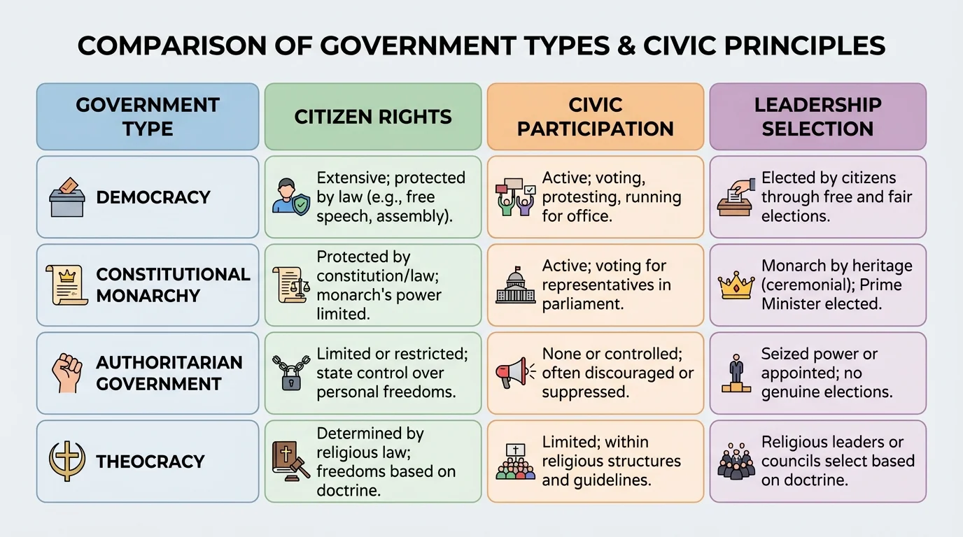 comparison chart of democracy, constitutional monarchy, authoritarian government, and theocracy showing citizen rights, civic participation, and how leaders are selected