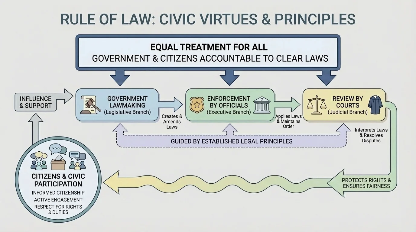 flowchart showing lawmaking by government, enforcement by officials, review by courts, and equal treatment of citizens under the rule of law