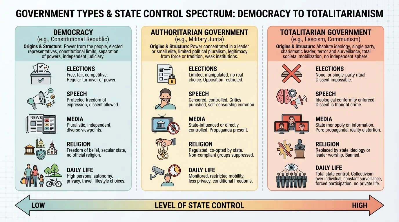 horizontal spectrum comparing democracy, authoritarian government, and totalitarian government by level of control over elections, speech, media, religion, and daily life