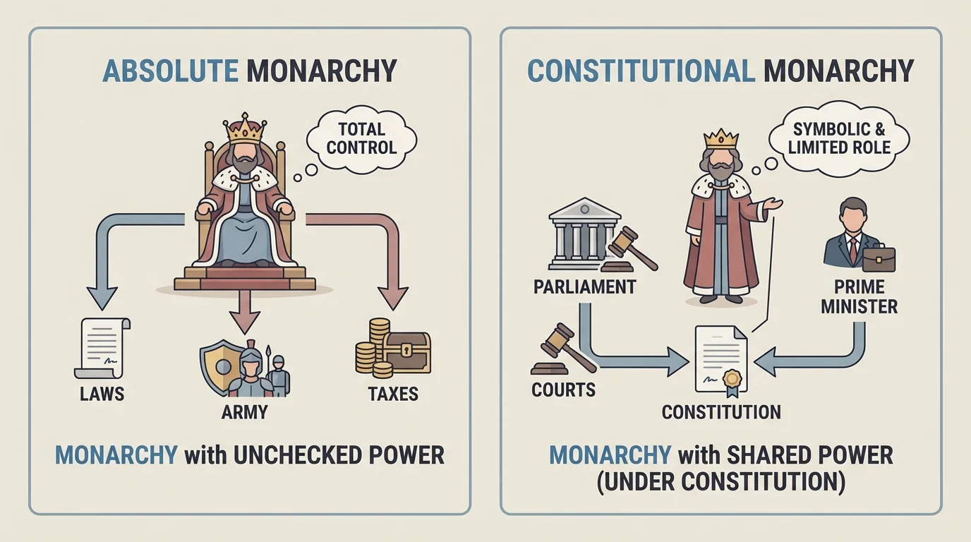 side-by-side comparison of absolute monarchy and constitutional monarchy, with one panel showing monarch controlling laws, army, and taxes, and the other showing monarch alongside parliament, courts, and prime minister