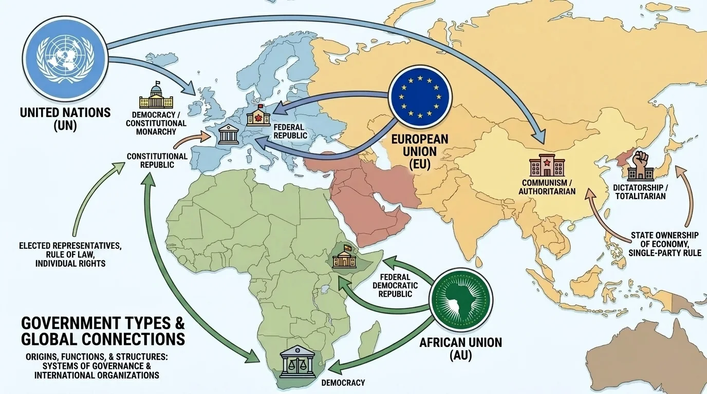 map of the Eastern Hemisphere highlighting Europe, Africa, Asia, and the Middle East with arrows connecting selected countries to the United Nations, European Union, and African Union