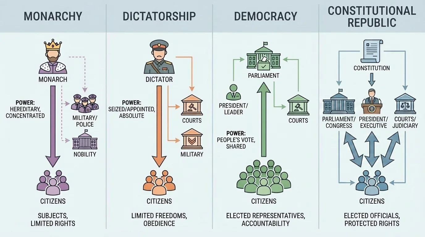 comparison chart showing how power is distributed in monarchy, dictatorship, democracy, and constitutional republic with simple icons for citizens, parliament, monarch, dictator, courts, and constitution