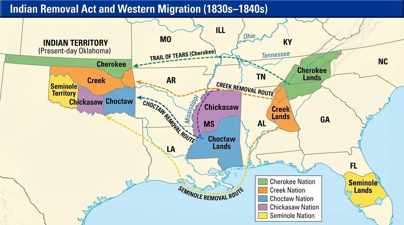 Map showing southeastern Native nations and westward removal routes to Indian Territory, including Cherokee, Creek, Choctaw, Chickasaw, and Seminole lands