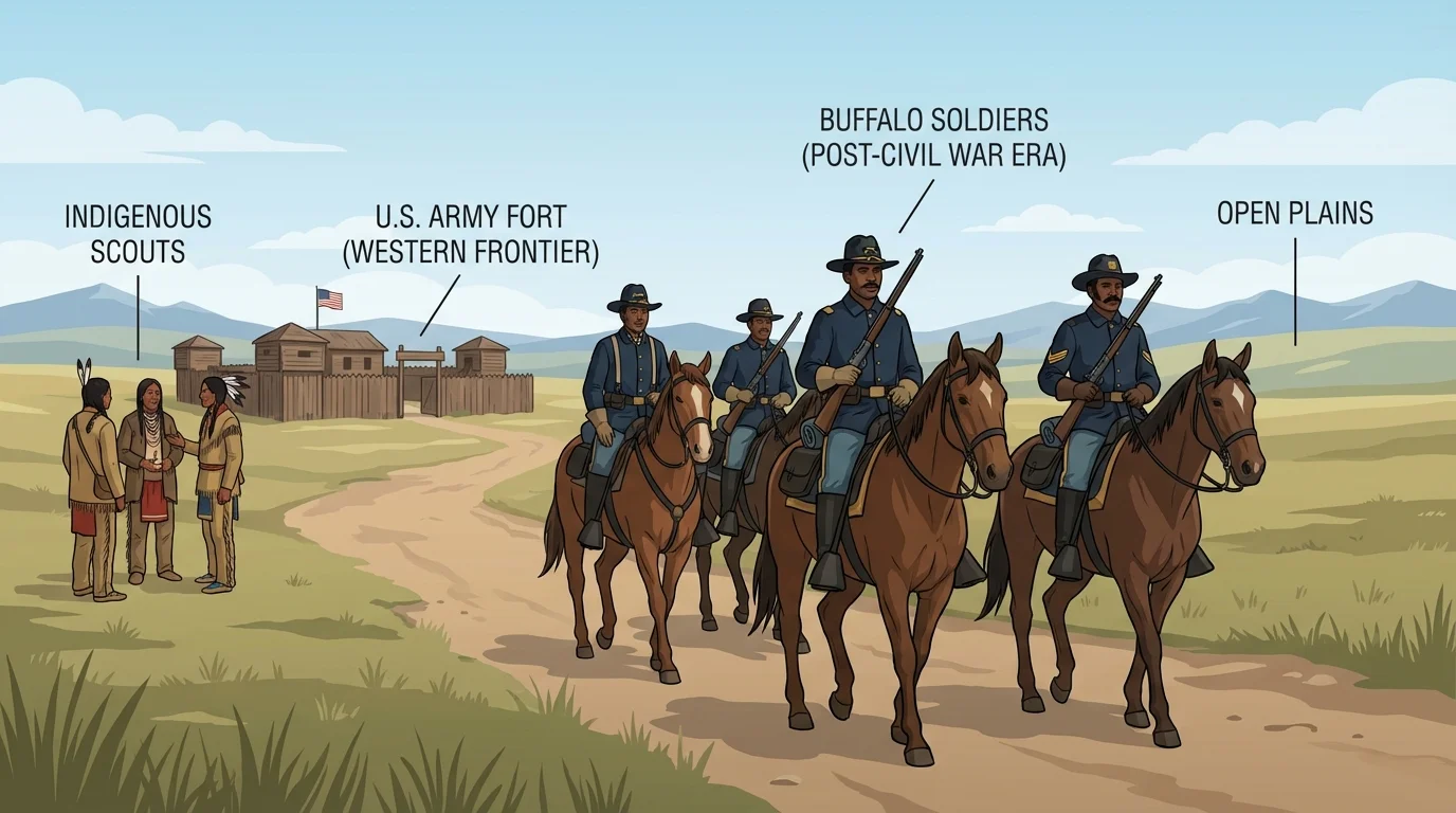 Illustration of Buffalo Soldiers in frontier uniforms on horseback near a western fort, with scouts and open plains in the background