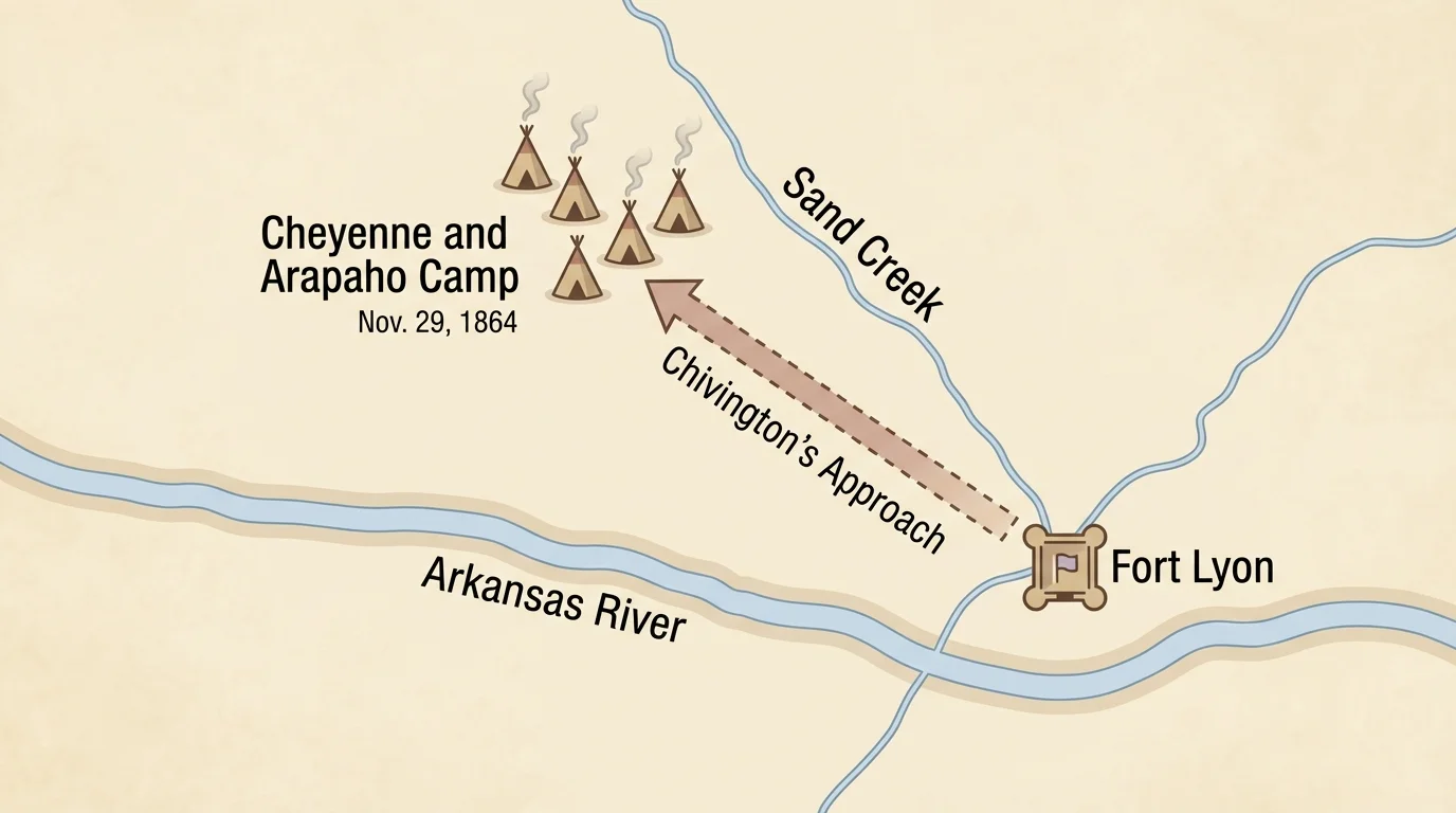Map of eastern Colorado Territory showing Sand Creek, nearby forts, Cheyenne and Arapaho camp location, and approach of Chivington's troops