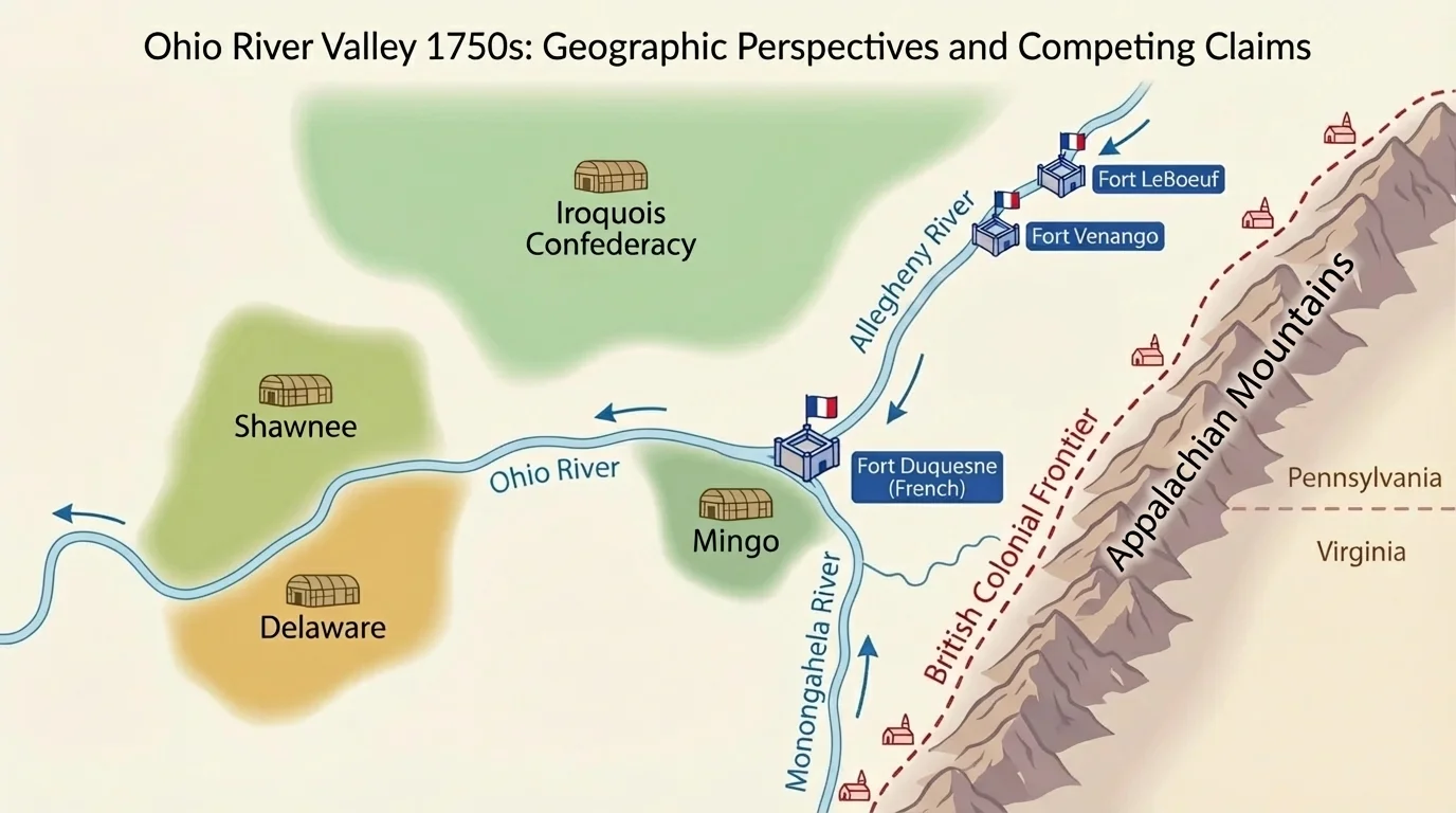 Map of the Ohio River Valley showing French forts, British colonial frontier, key rivers including the Ohio and Allegheny, Appalachian Mountains, and major Native homelands