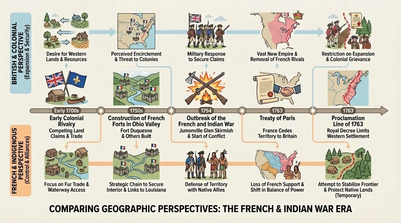 Timeline with key events including early colonial rivalry, construction of French forts in the Ohio Valley, outbreak of the French and Indian War, Treaty of Paris 1763, and Proclamation Line of 1763