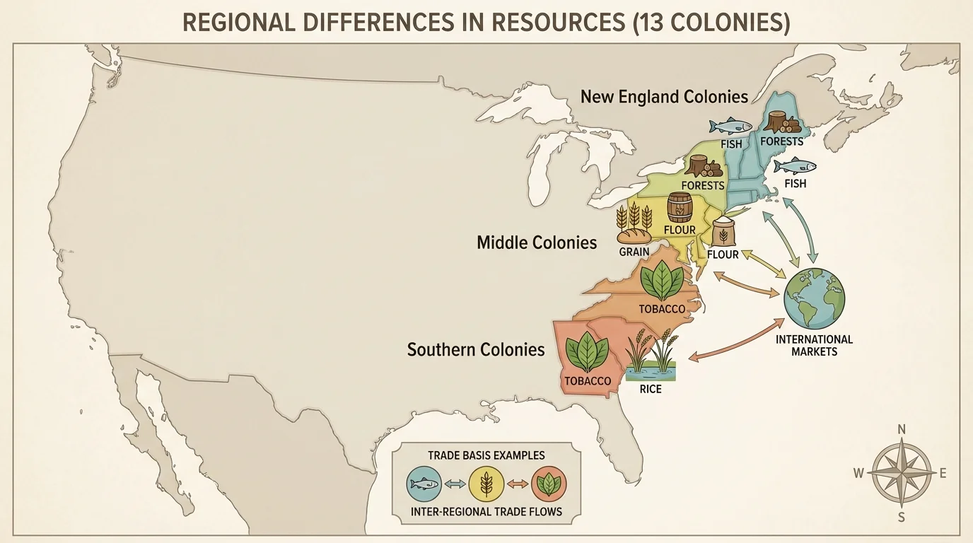 Map of the thirteen colonies divided into New England, Middle, and Southern regions with simple icons for fish, forests, grain, and tobacco or rice