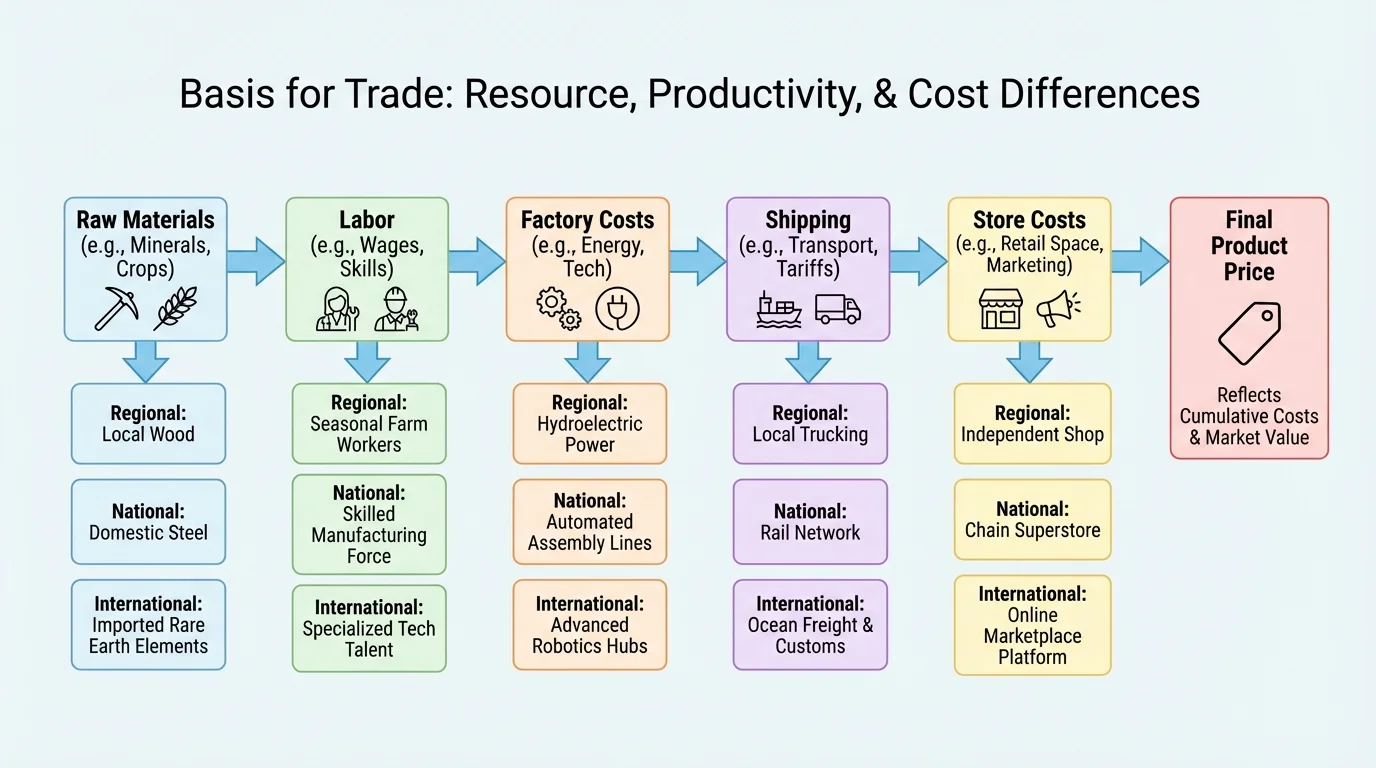 Flowchart showing raw materials, labor, factory costs, shipping, and store costs combining into the final price of a product