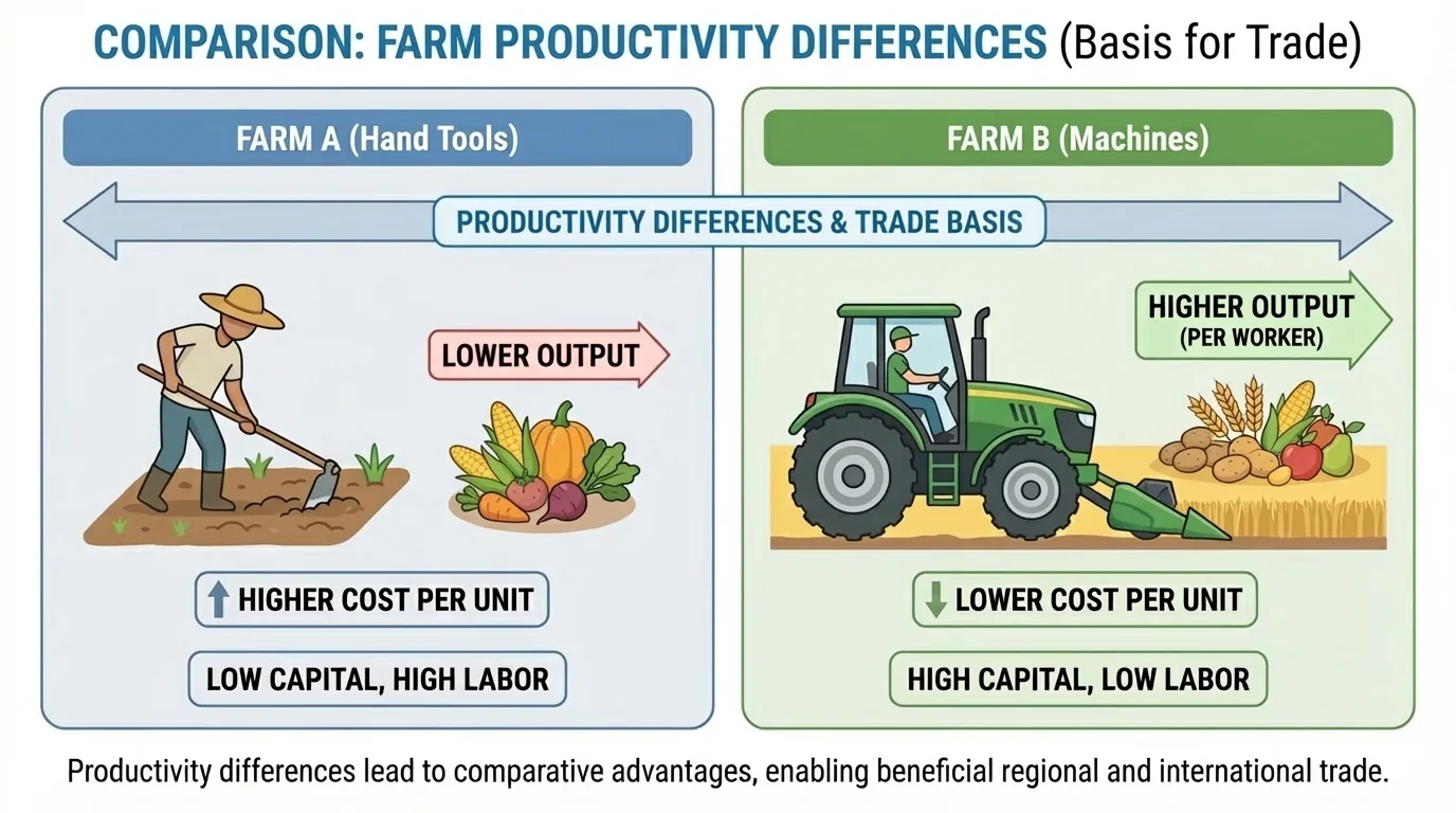 Comparison chart of two farms, one using hand tools and one using machines, with higher output per worker on the mechanized farm