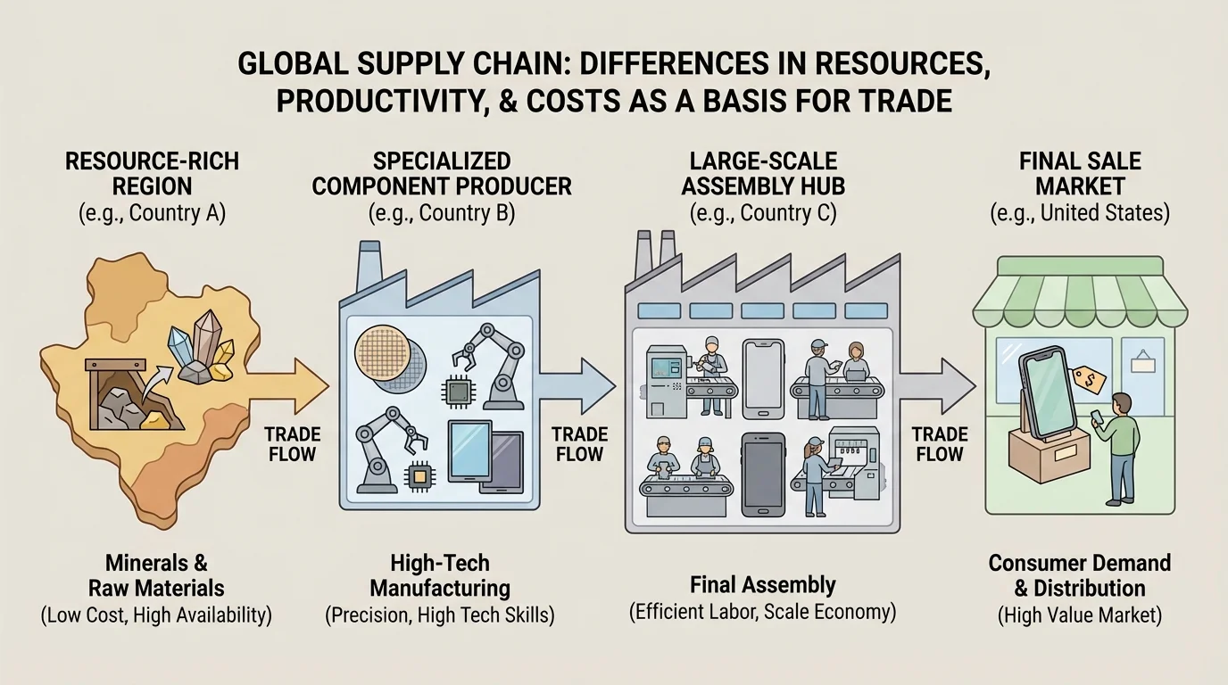 Smartphone global supply chain with minerals mined in one country, chips produced in another, assembly in another, and final sale in the United States