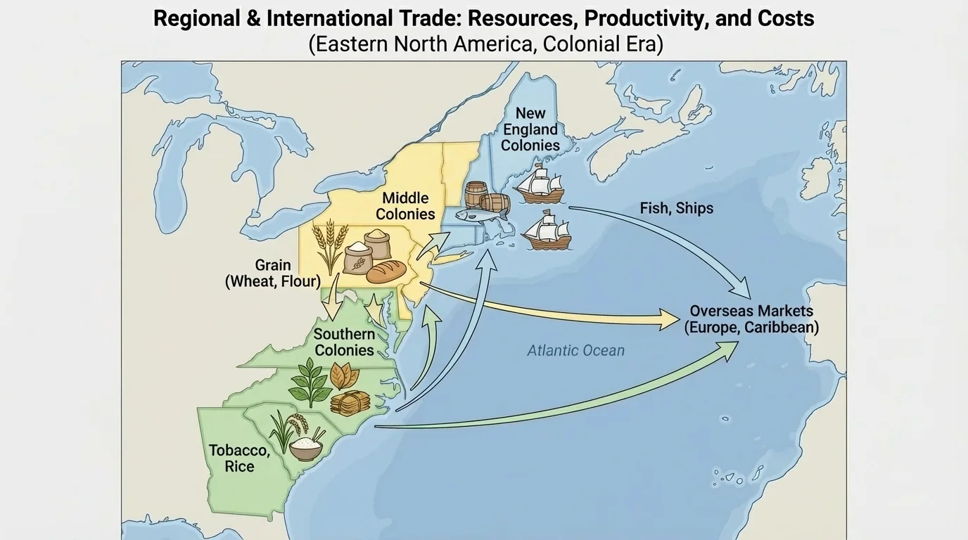Map of eastern North America with arrows showing fish and ships from New England, grain from the Middle Colonies, and tobacco and rice from the Southern Colonies moving among regions and overseas