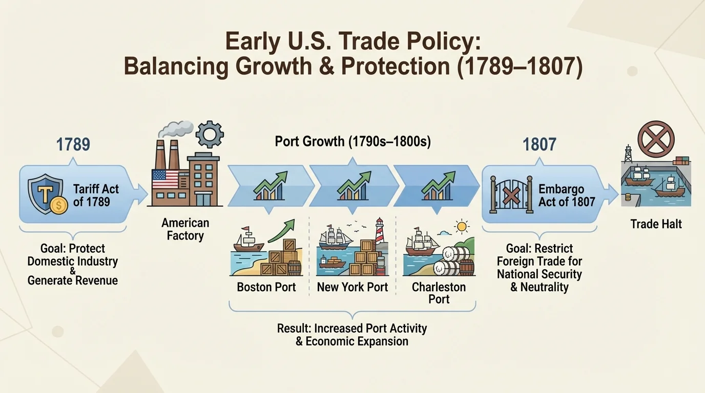 timeline with early U.S. trade events including Tariff of 1789, Embargo Act of 1807, and growth symbols for Boston, New York, and Charleston ports