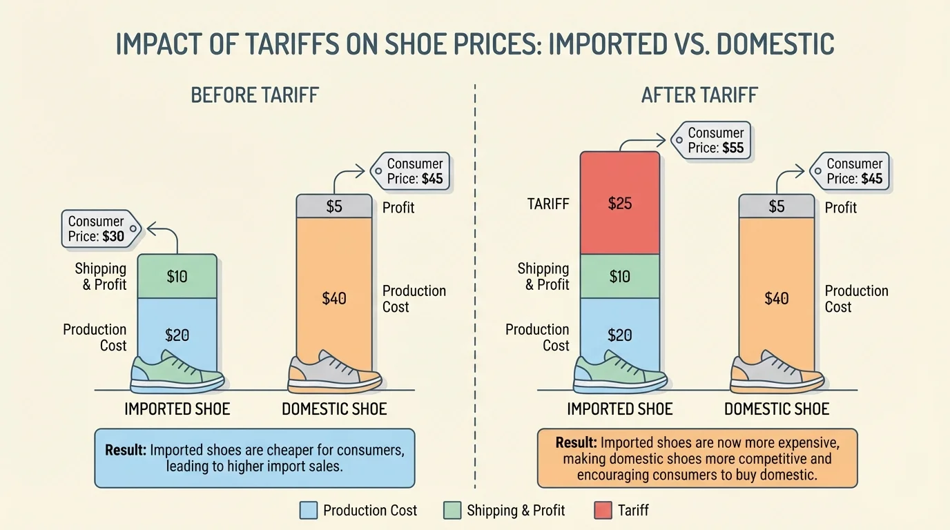 chart comparing imported and domestic shoe prices before and after a tariff, with consumer price increasing and domestic producers gaining advantage