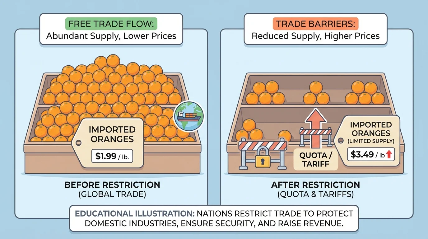 store shelves with fewer imported oranges after a quota, price tags rising as supply shrinks