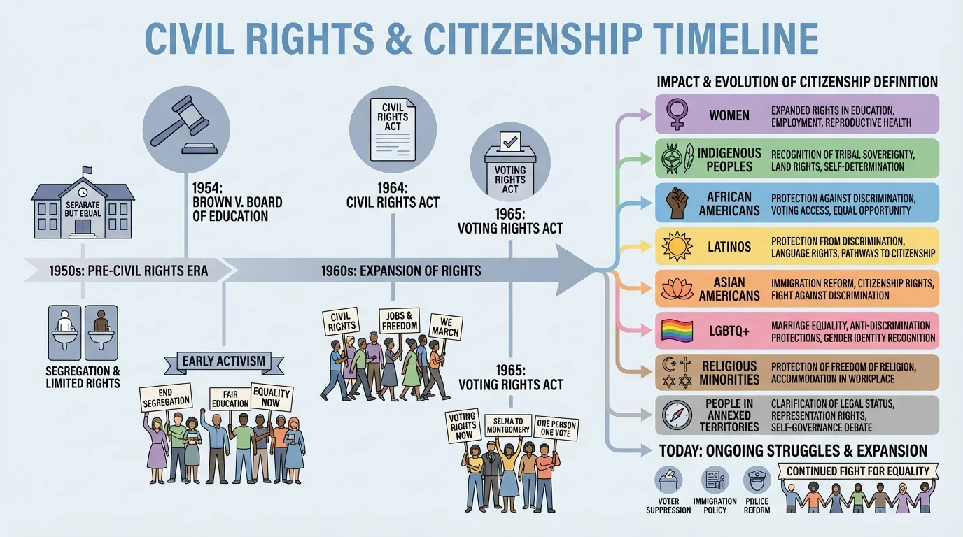 civil rights timeline with Brown v. Board, Civil Rights Act, Voting Rights Act, and protest scenes