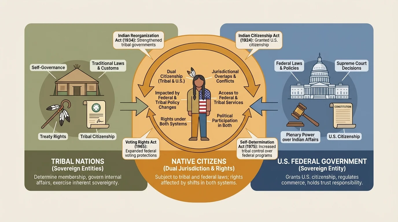 comparison diagram showing tribal nations, U.S. federal government, and Native citizens affected by both systems