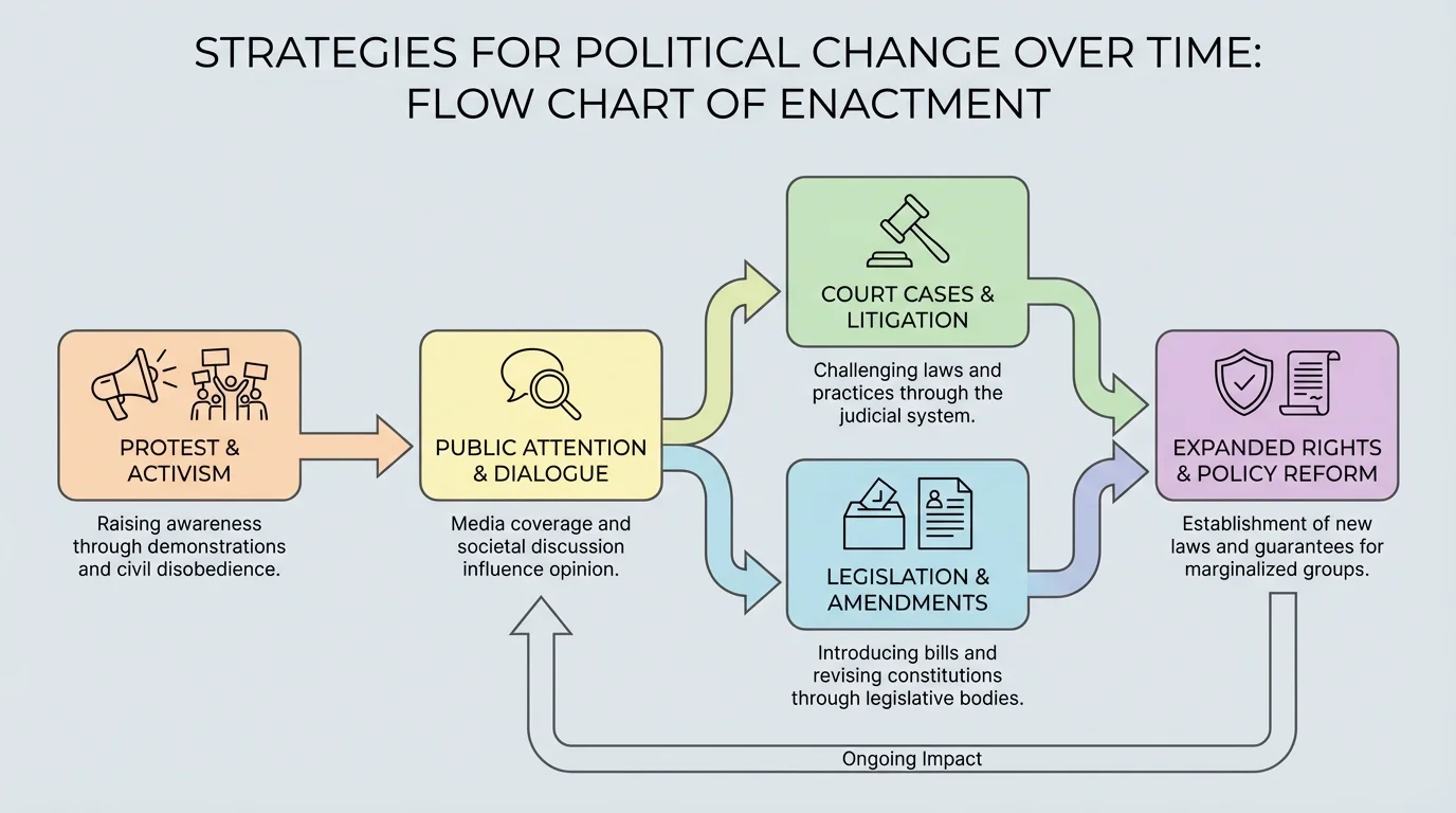 flowchart showing protest leading to public attention, then court cases, legislation, amendments, and expanded rights, with arrows connecting the stages