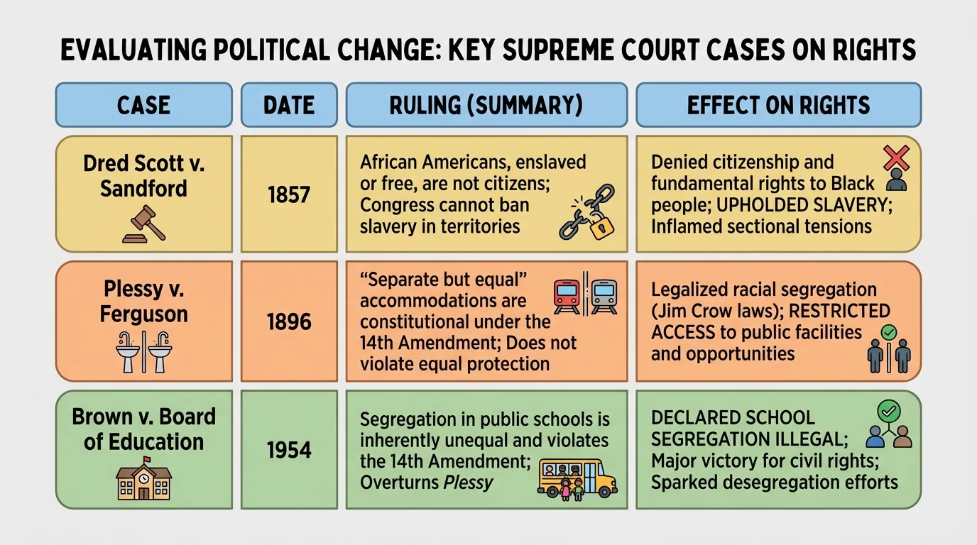 chart comparing Dred Scott v. Sandford, Plessy v. Ferguson, and Brown v. Board of Education, with columns for date, ruling, and effect on rights