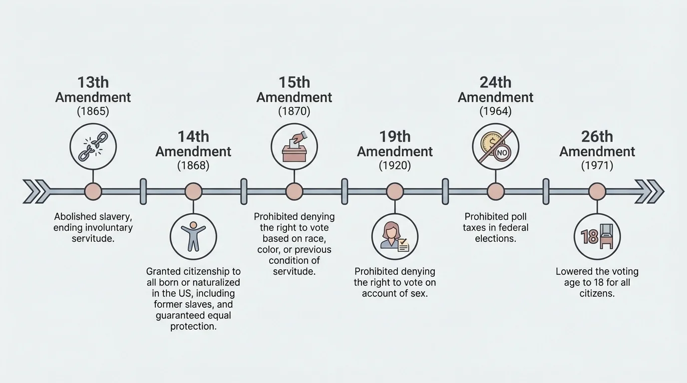 timeline of major constitutional amendments expanding citizenship and voting rights from the 13th Amendment through the 26th Amendment, with concise labels for 13th, 14th, 15th, 19th, 24th, and 26th Amendments