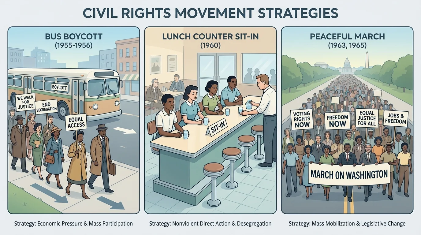 scenes of civil rights movement nonviolent protest including a bus boycott, lunch counter sit-in, and peaceful march with simple signs and diverse participants