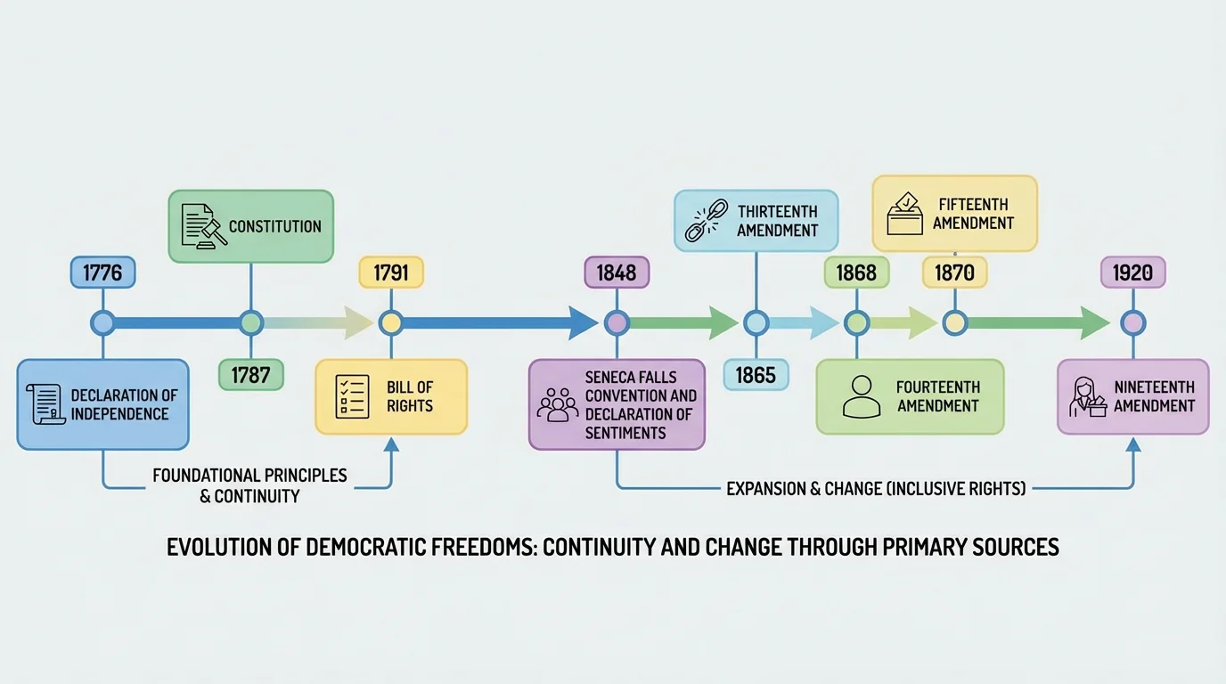 timeline with 1776 Declaration of Independence, 1787 Constitution, 1791 Bill of Rights, 1848 Seneca Falls Convention and Declaration of Sentiments, 1865 Thirteenth Amendment, 1868 Fourteenth Amendment, 1870 Fifteenth Amendment, and 1920 Nineteenth Amendment