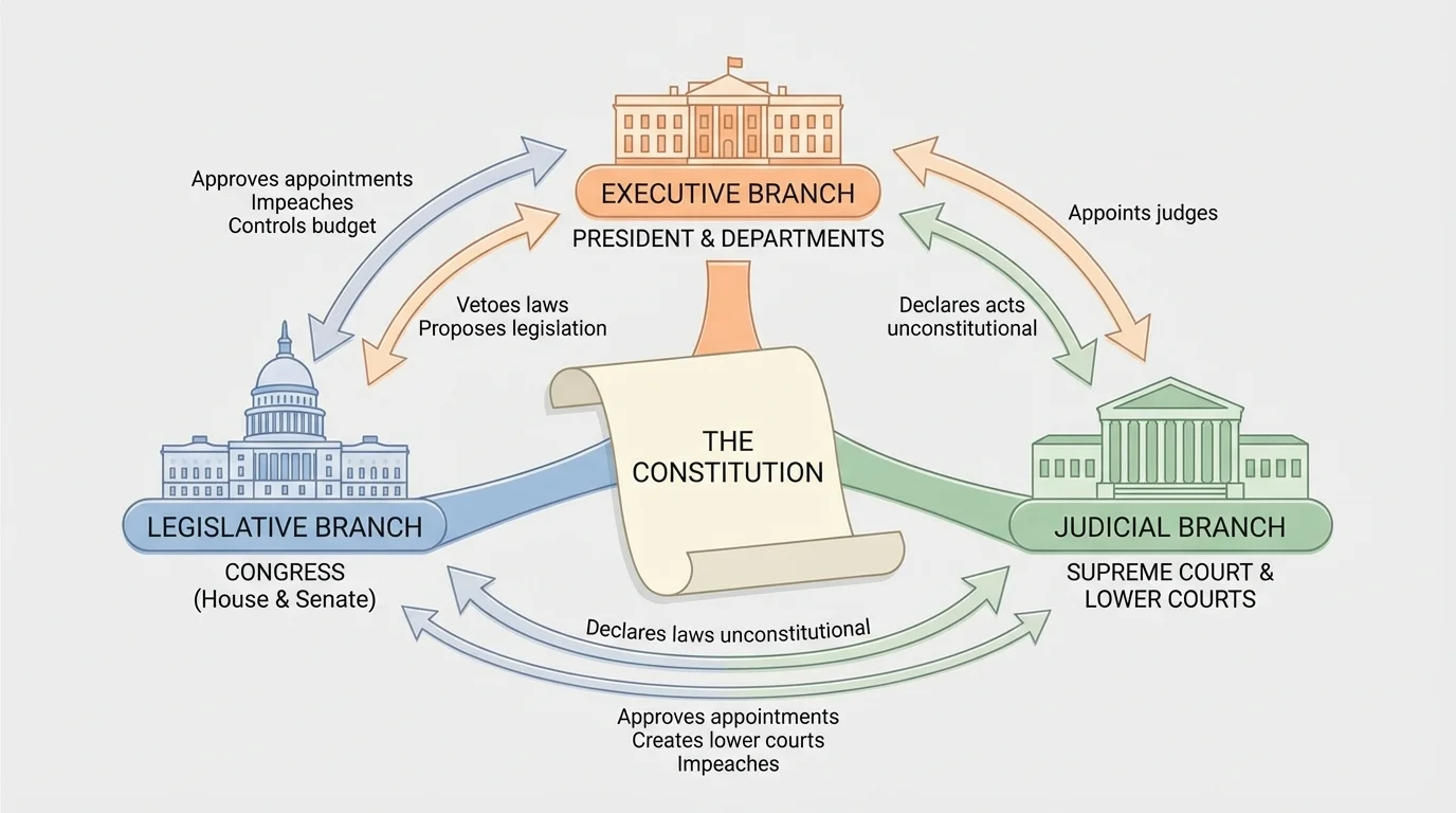 three-branch U.S. government diagram labeled legislative, executive, and judicial with arrows showing checks and balances among Congress, President, and Supreme Court