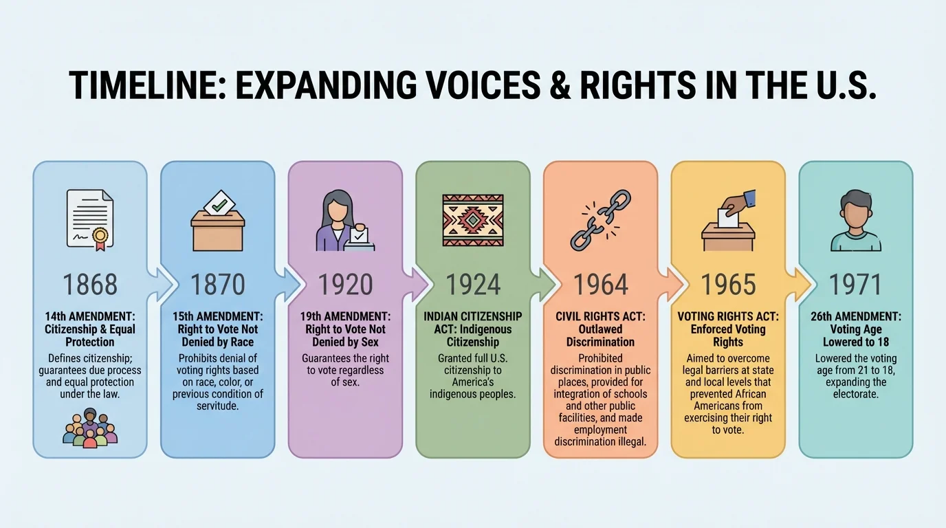 timeline with 14th Amendment, 15th Amendment, 19th Amendment, Indian Citizenship Act, Civil Rights Act, Voting Rights Act, and 26th Amendment