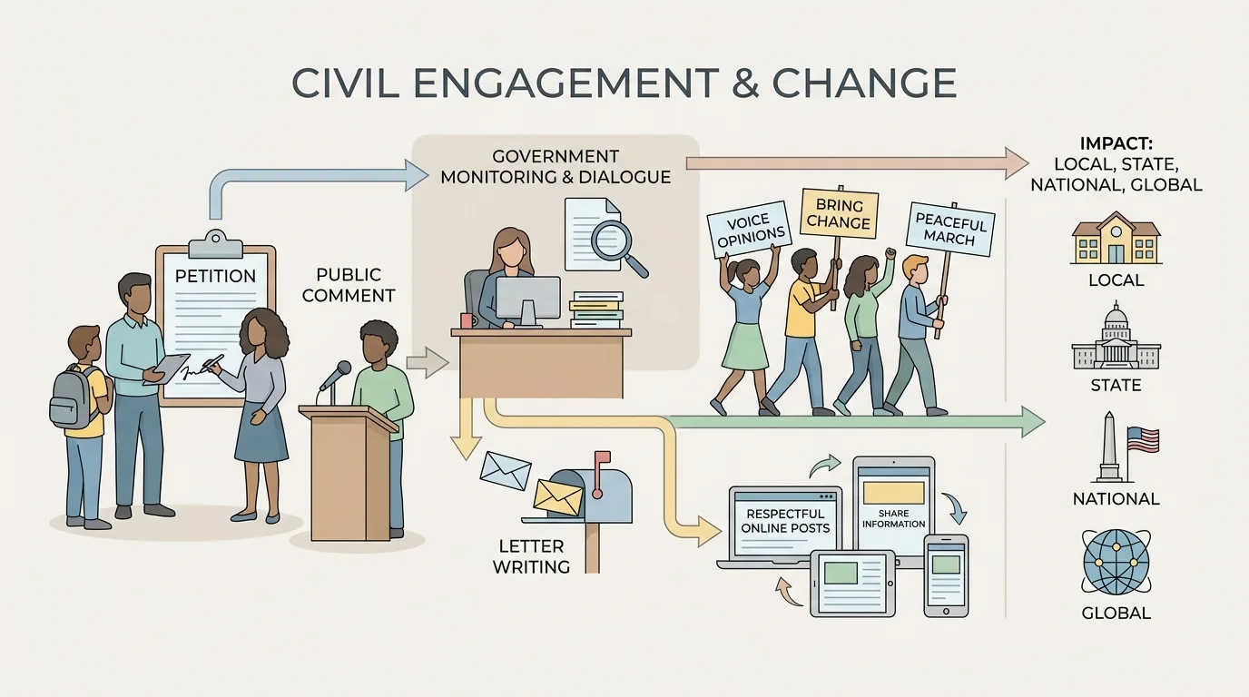 students and adults using a petition, public comment microphone, letter writing, peaceful march signs, and respectful online post icons