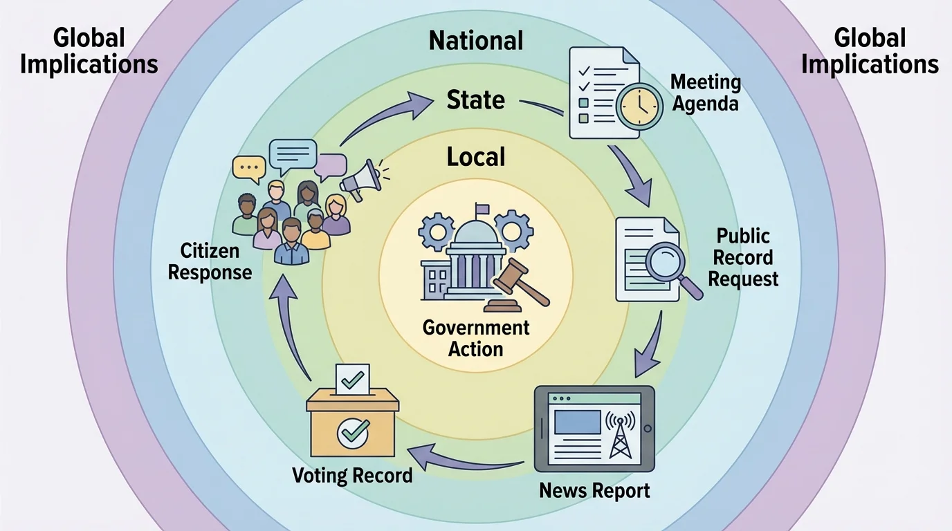 government action leading to meeting agenda, public record request, news report, voting record, and citizen response