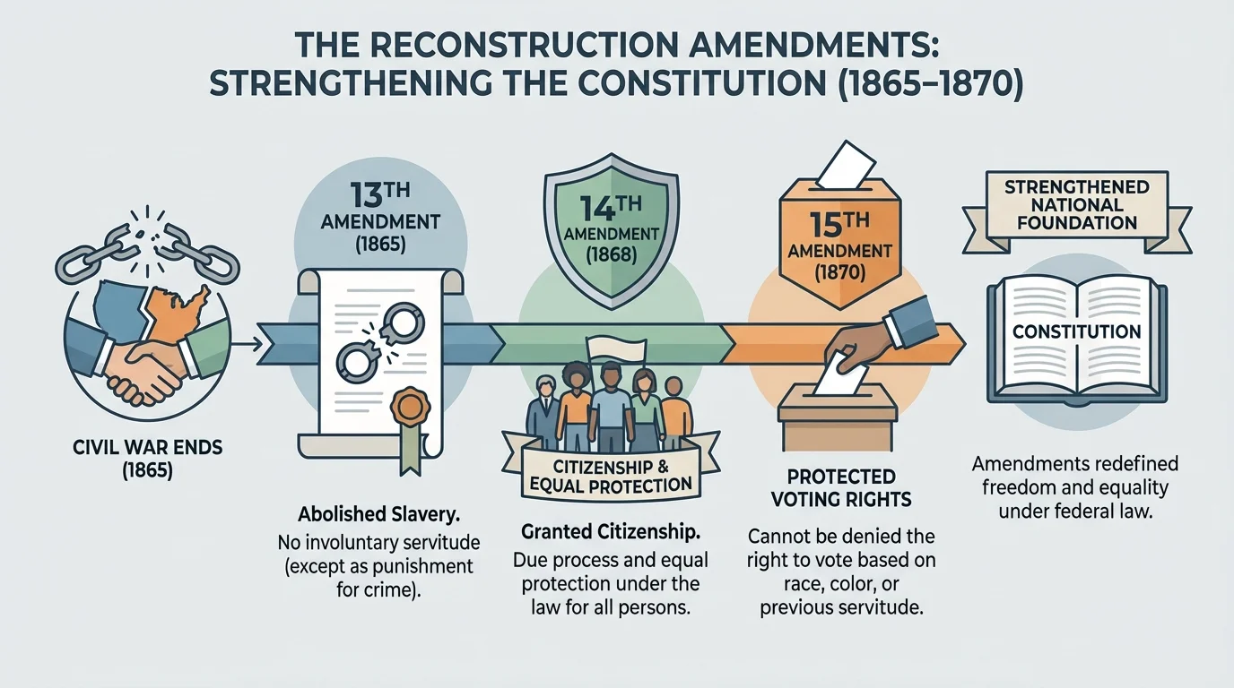 timeline from end of Civil War through ratification of 13th, 14th, and 15th Amendments with brief labels for each amendment's main purpose