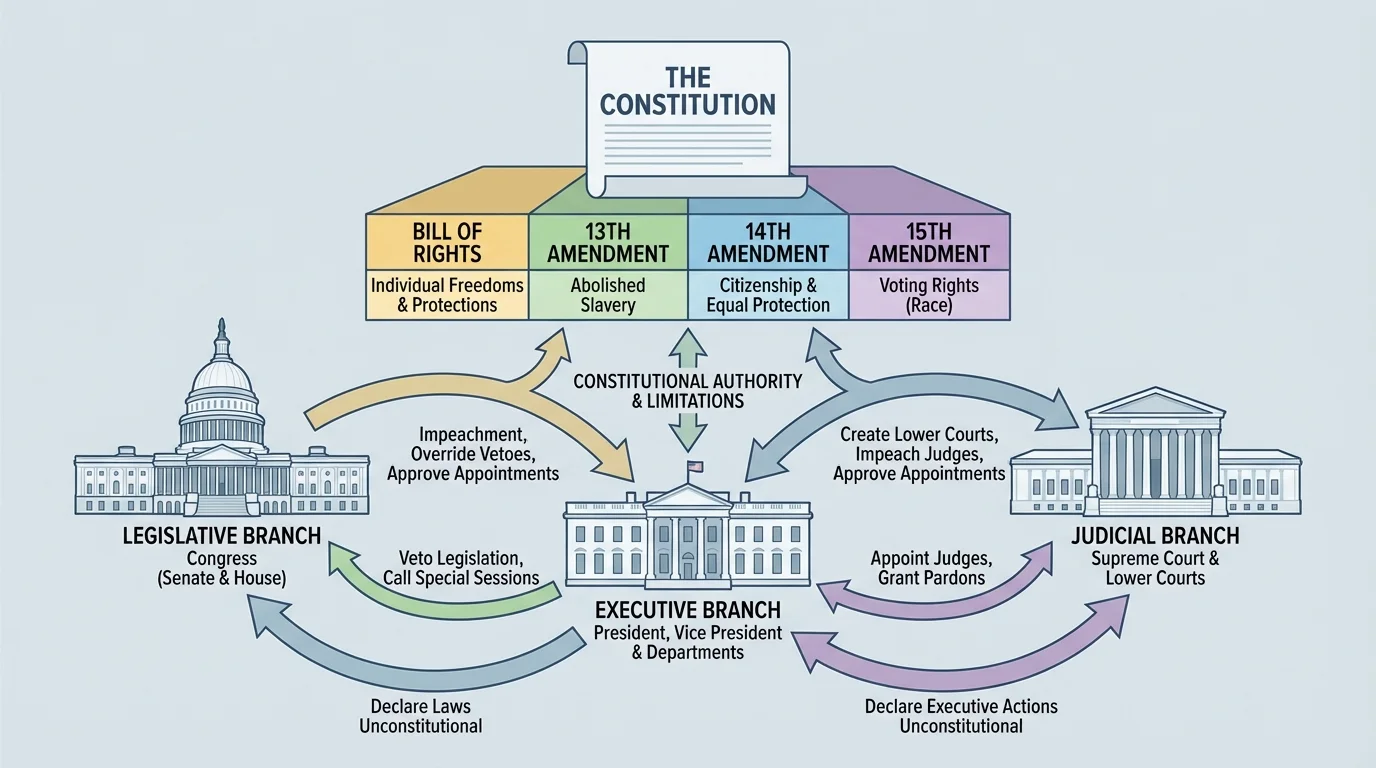 simple three-branch government diagram with legislative, executive, and judicial branches and arrows showing checks and balances among them