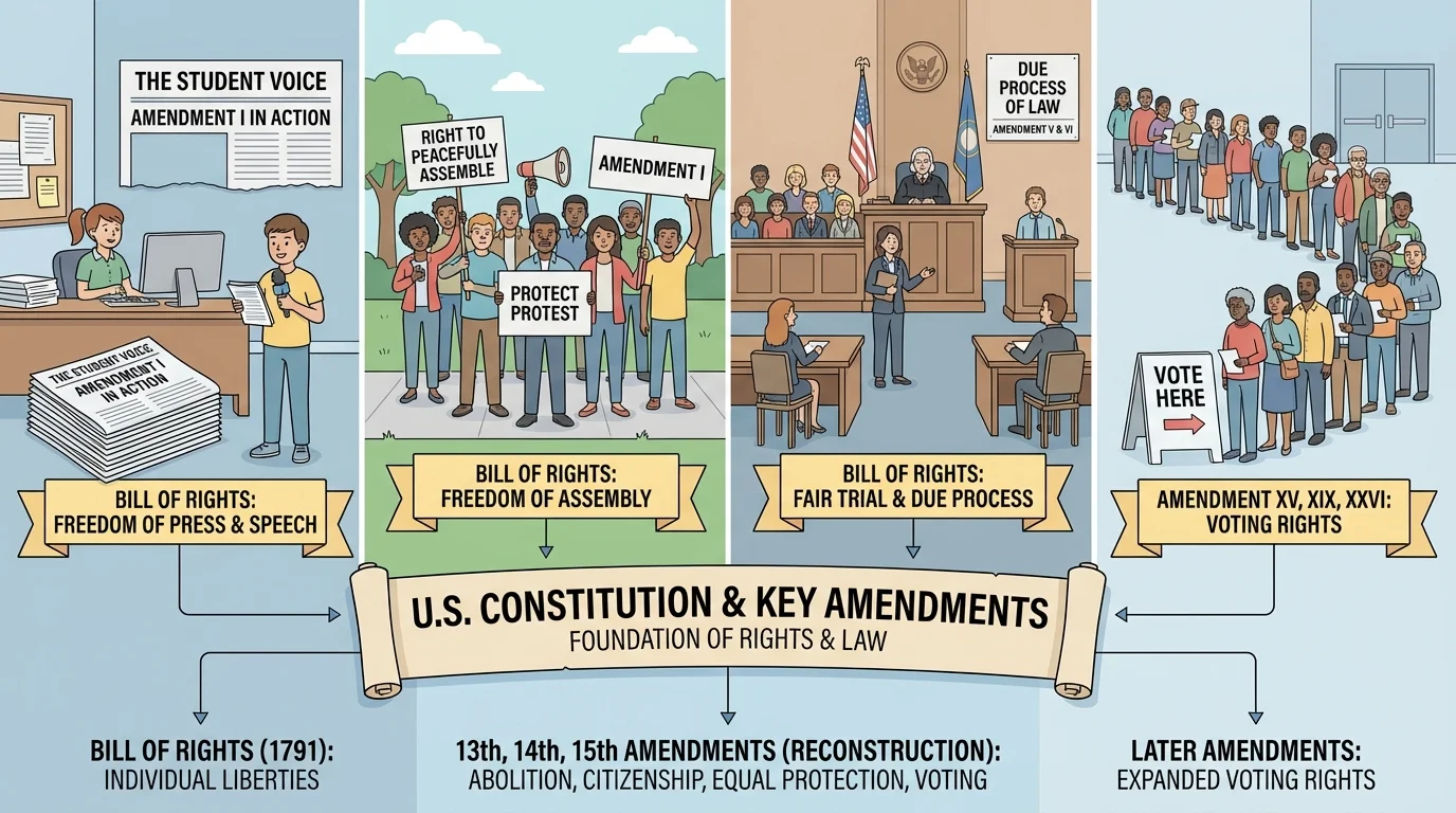 realistic civic scene showing a student newspaper, peaceful public protest, courtroom trial, and citizens standing in a voting line