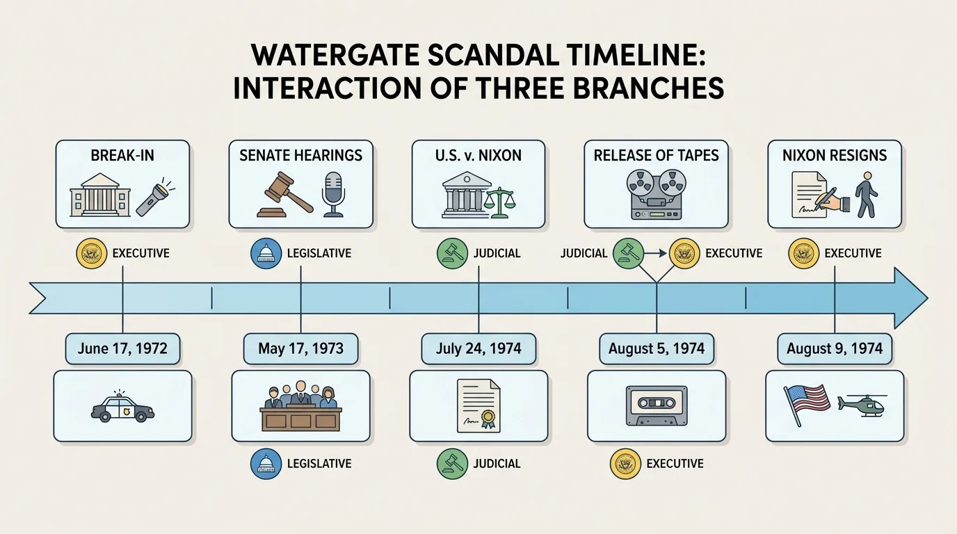 Timeline of Watergate with events labeled break-in, Senate hearings, U.S. v. Nixon, release of tapes, Nixon resigns