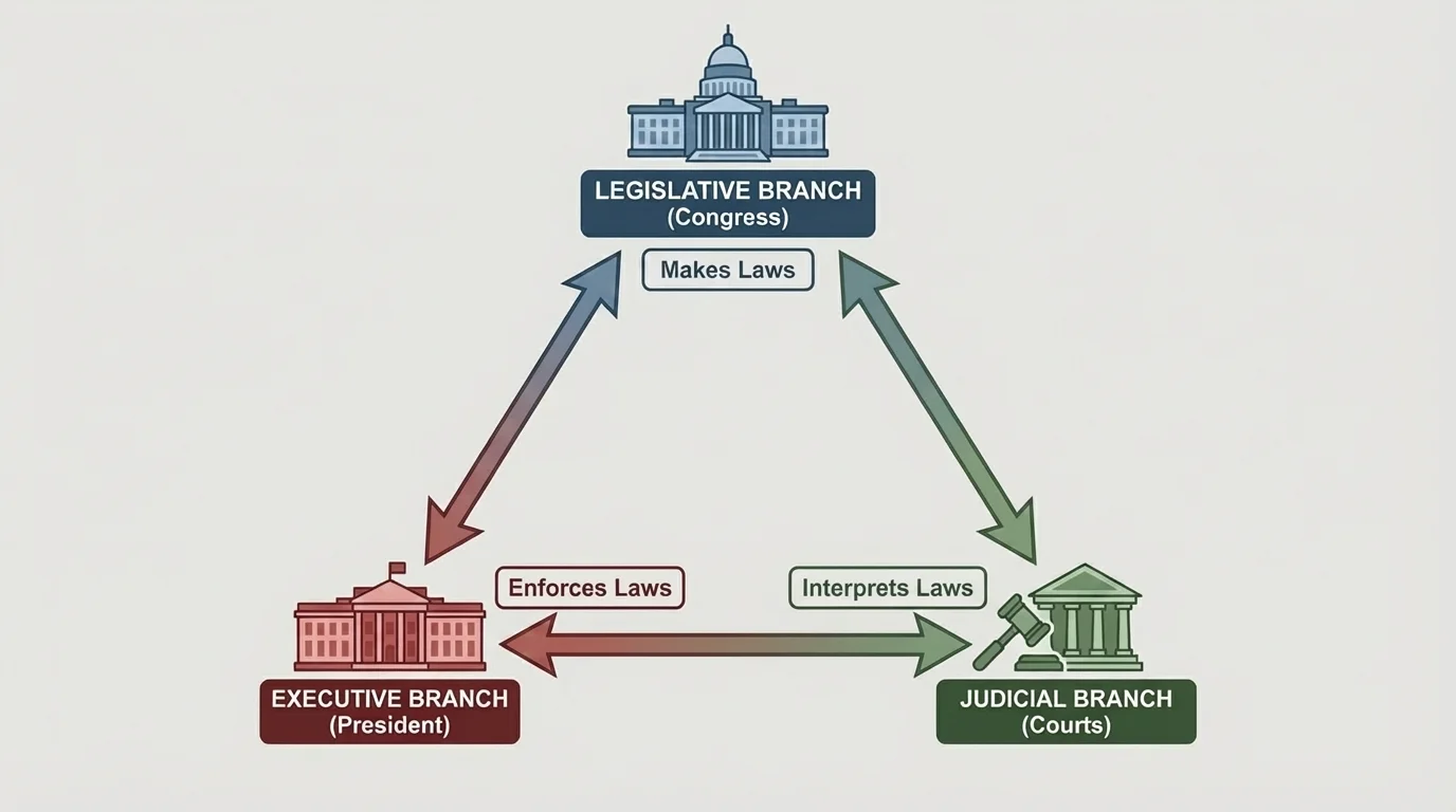Triangle diagram of the three branches of U.S. government with simple labels for Congress makes laws, President enforces laws, Courts interpret laws, and arrows connecting all three