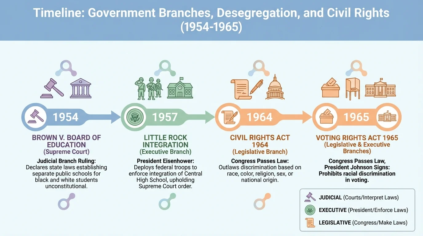 Timeline of school desegregation and civil rights with Brown v. Board, Little Rock integration, Civil Rights Act 1964, Voting Rights Act 1965