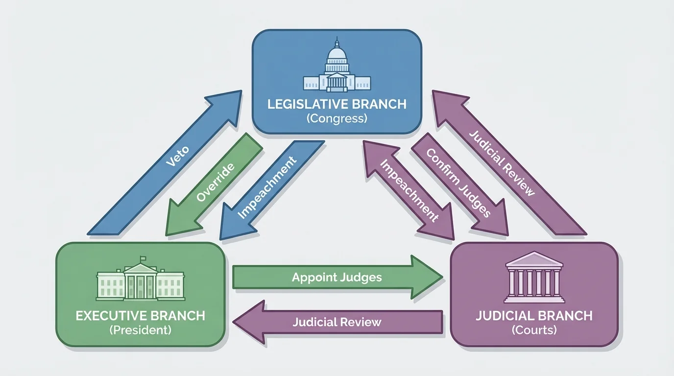 Flowchart of checks and balances among Congress, President, and Courts with arrows labeled veto, override, appoint judges, confirm, judicial review, impeachment