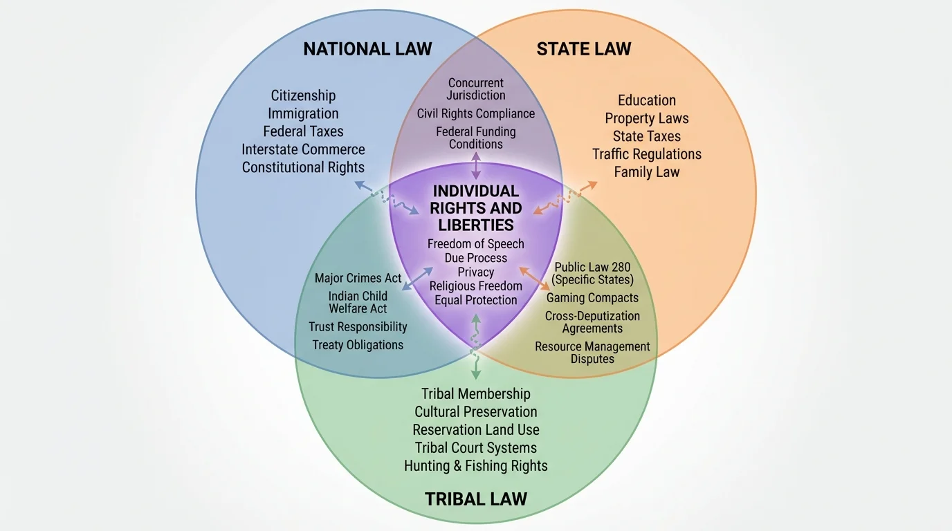 diagram showing three overlapping circles labeled national law, state law, and tribal law with short examples such as citizenship, education, tribal membership, reservation land, and criminal jurisdiction