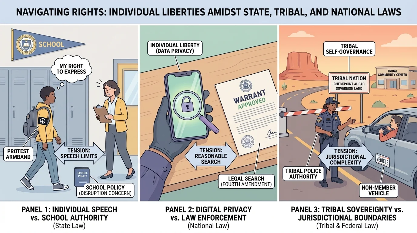 three-panel scene showing a student wearing a protest armband in school, a phone being examined during a search, and tribal police at a checkpoint on reservation land