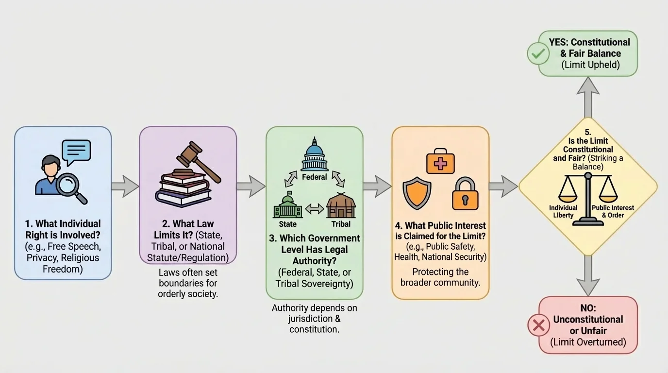 flowchart with boxes asking what right is involved, what law limits it, which government has authority, what public interest is claimed, and whether the limit is constitutional and fair