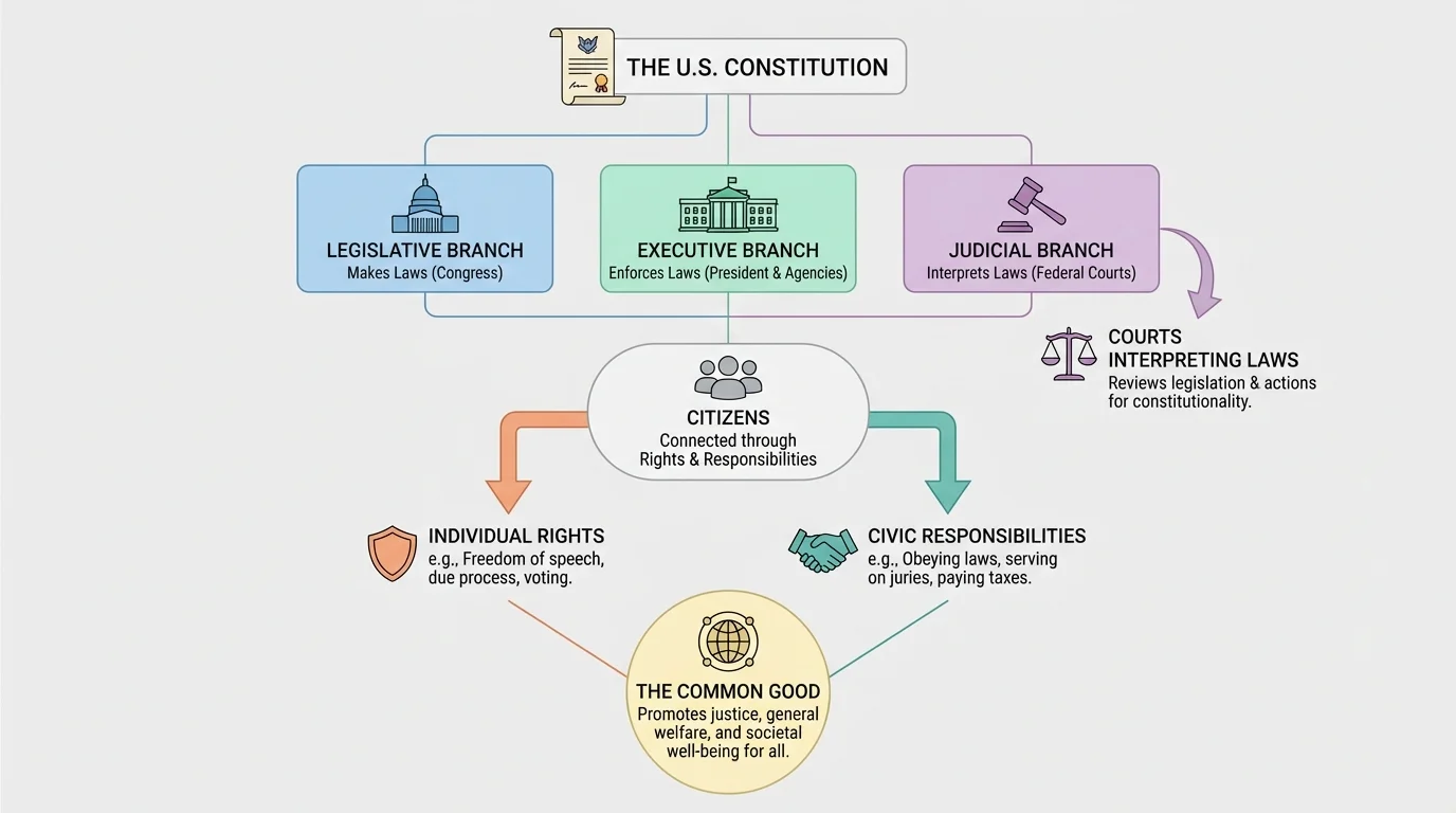 Simple civic structure diagram showing the Constitution at the top, the three branches of government beneath it, courts interpreting laws, and citizens connected through rights and responsibilities