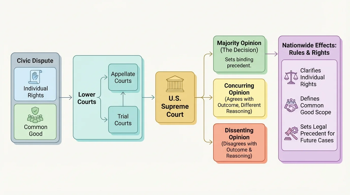 Flowchart showing a civic dispute moving through lower courts to the Supreme Court, then branching to majority opinion, concurring opinion, dissenting opinion, and nationwide effects on rules and rights