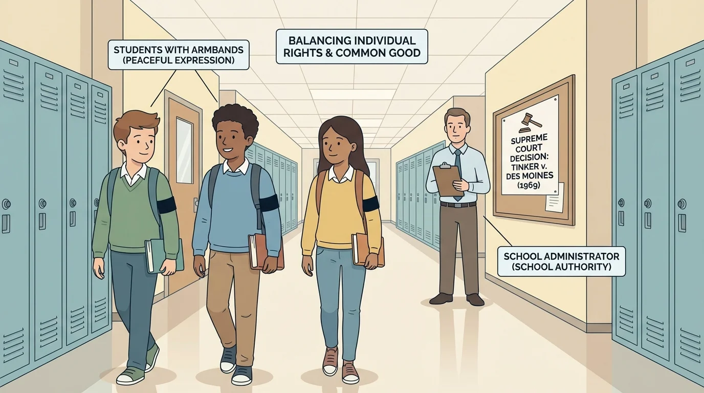 School hallway scene with students wearing black armbands as symbolic protest while an administrator watches, highlighting peaceful student expression and school authority