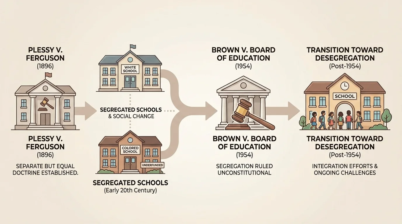 Short timeline showing Plessy v. Ferguson, segregated schools, Brown v. Board of Education, and the transition toward desegregation in public education