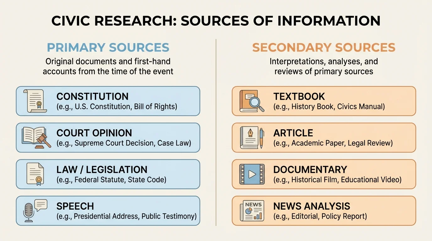 Two-column chart comparing primary sources and secondary sources for civic research, with examples such as Constitution, court opinion, law, speech on one side and textbook, article, documentary, news analysis on the other