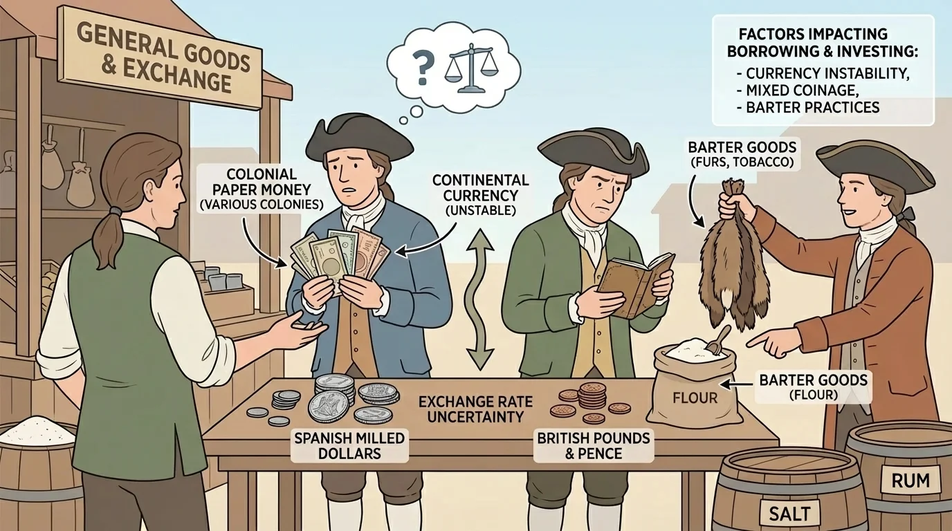 Colonial American market scene with coins, paper notes, and barter goods being exchanged, showing confusion from mixed currencies