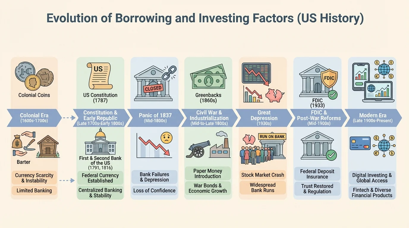 Timeline with colonial currency problems, Constitution, early national banks, Panic of 1837, Civil War paper money, Great Depression, FDIC, and modern investing access