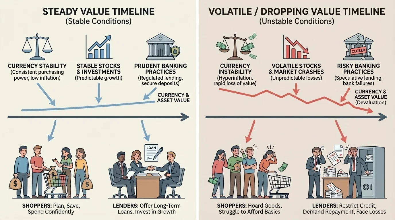 Two side-by-side value timelines, one steady and one sharply dropping, with shoppers and lenders reacting differently