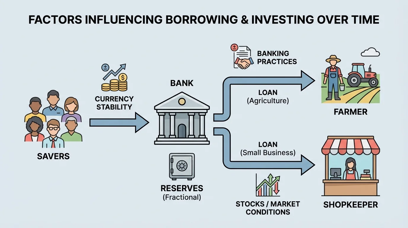 Simple bank flowchart showing savers depositing money, bank holding reserves, and loans going to farmers and shopkeepers