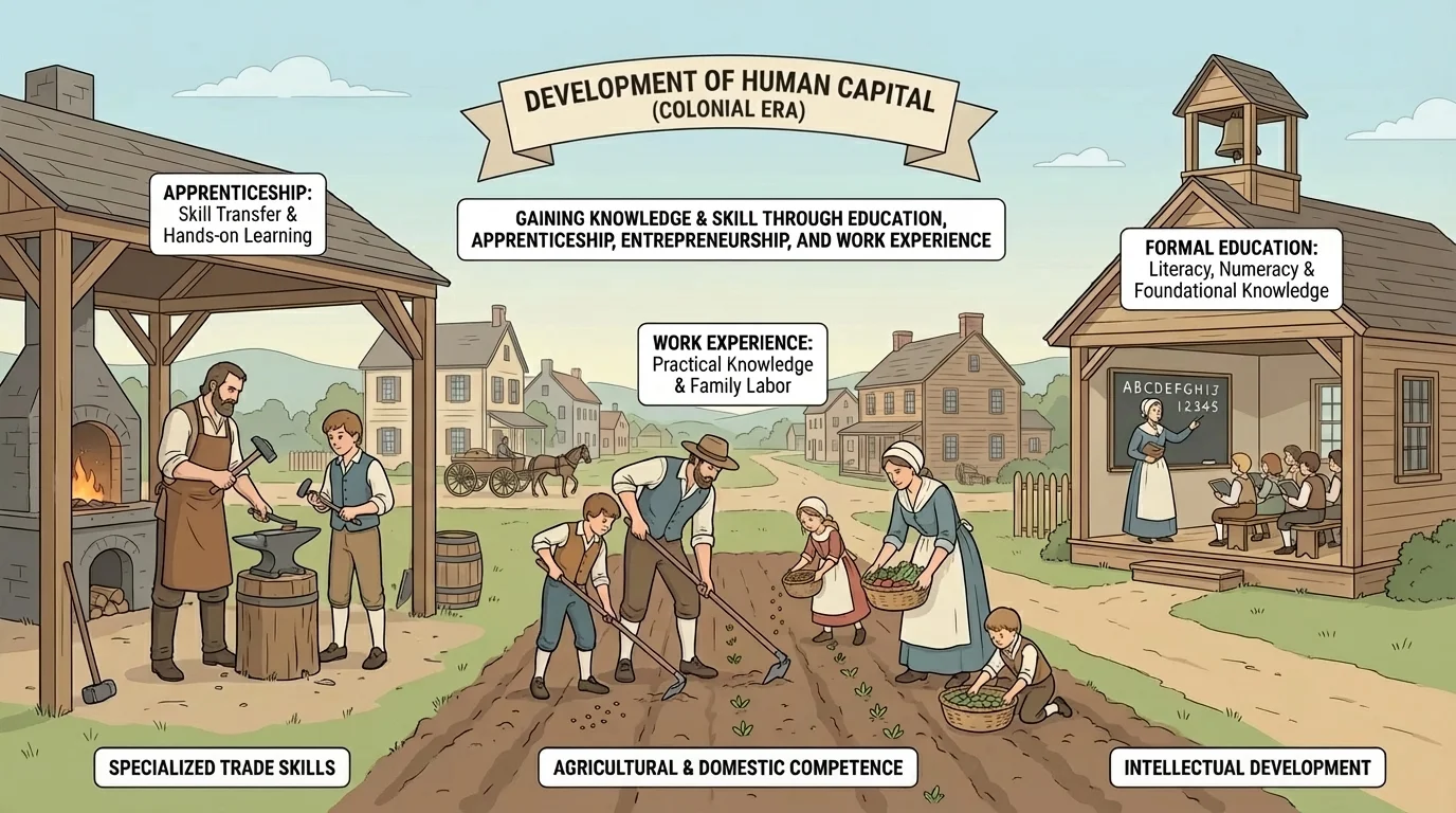 Colonial town scene with apprentice learning from a blacksmith, farmer family working, and small schoolhouse in background